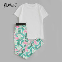 Женская пижама с фламинго и растениями (белая футболка + брюки)