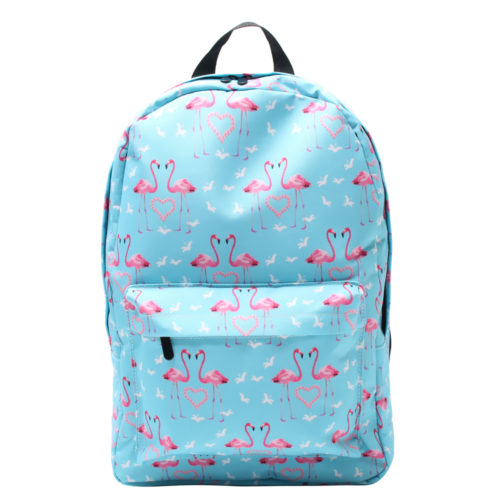 Голубой рюкзак с розовыми фламинго для девочек (в комплекте также косметичка и сумка для обуви)