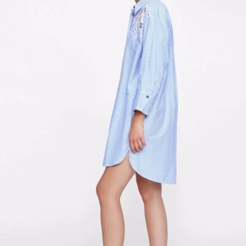Женское длинное платье рубашка в голубую полоску с кружевными цветами (реплика Зара/Zara)
