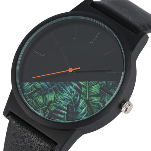 Наручные черные кварцевые часы с растительным принтом джунглей на циферблате