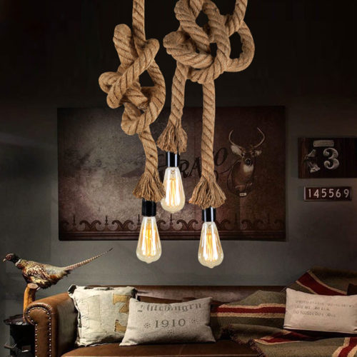 Подвесной светильник на потолок в виде лампочек на пеньковых веревках