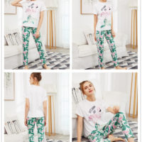 Женская пижама с фламинго и растениями (белая футболка + брюки)