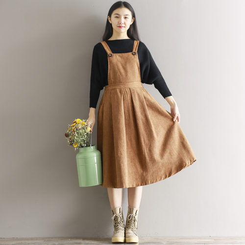 Женский длинный вельветовый осенний коричневый сарафан платье