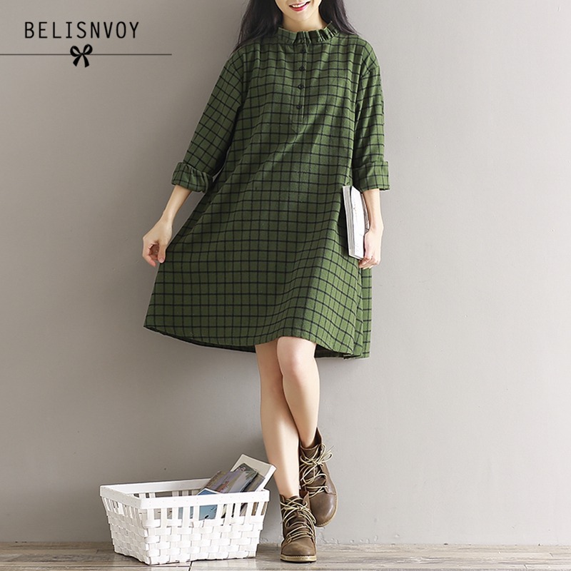 Купить Женское плотное осеннее oversize зеленое платье трапеция в черную клетку на Алиэкспресс (Aliexpress) недорого