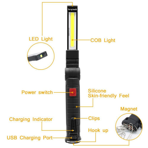 Портативный светодиодный COB фонарик USB на магнитной ручке