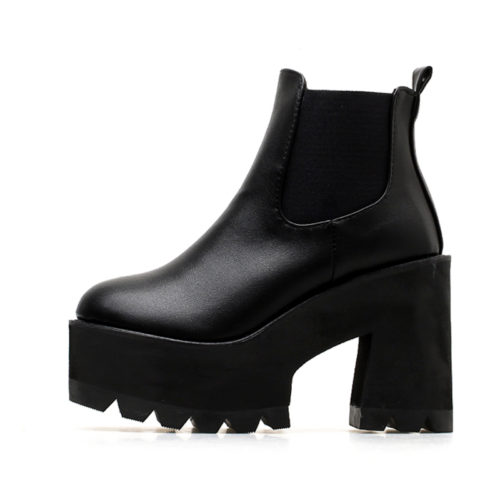 Женские черные ботинки с резинкой, из искусственной кожи, на высокой платформе и квадратном каблуке