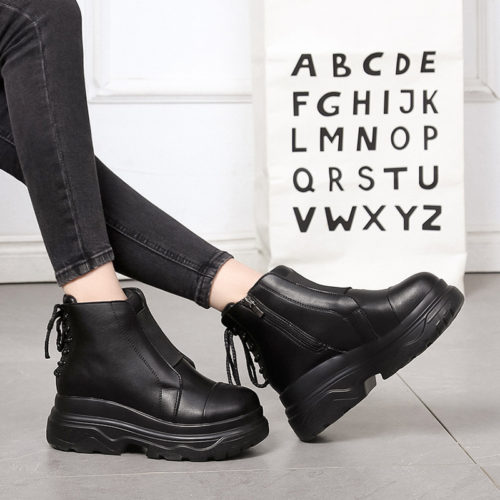 Женские черные ботинки с молнией сбоку и шнуровкой сзади из искусственной кожи на высокой платформе