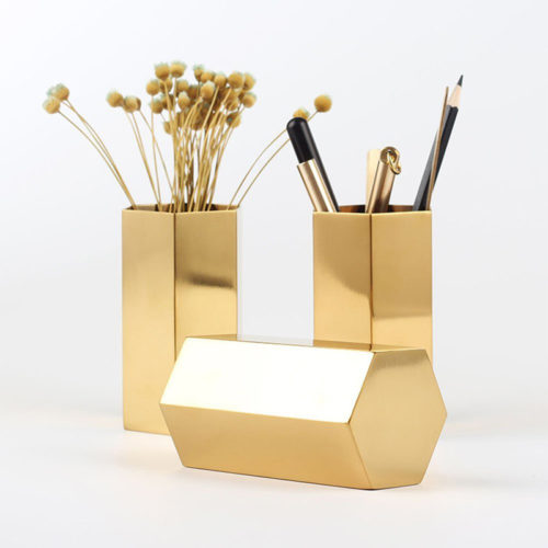 Шестигранный металлический золотой держатель стакан подставка для карандашей и ручек
