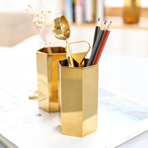 Шестигранный металлический золотой держатель стакан подставка для карандашей и ручек