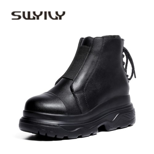 Женские черные ботинки с молнией сбоку и шнуровкой сзади из искусственной кожи на высокой платформе