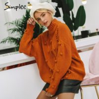 Женский вязаный свободный оранжевый или белый свитер с воротником, структурной геометрической вязкой и “помпонами”