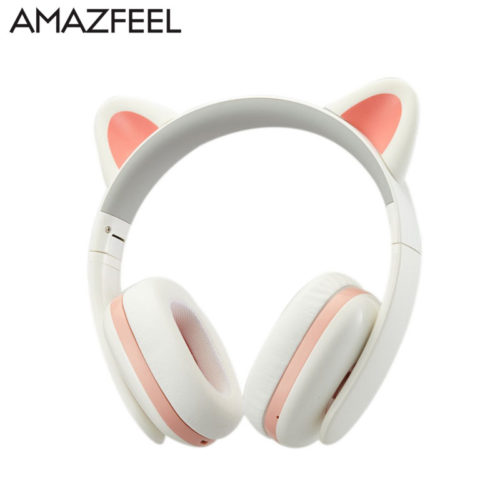 AMAZFEEL беспроводные Bluetooth наушники для ПК, смартфона с кошачьими ушками, светодиодной подсветкой и микрофоном