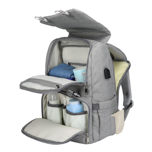 Рюкзак трансформер с USB для молодой мамы с раскладывающейся задней стенкой в пеленальный столик и креплением на коляску