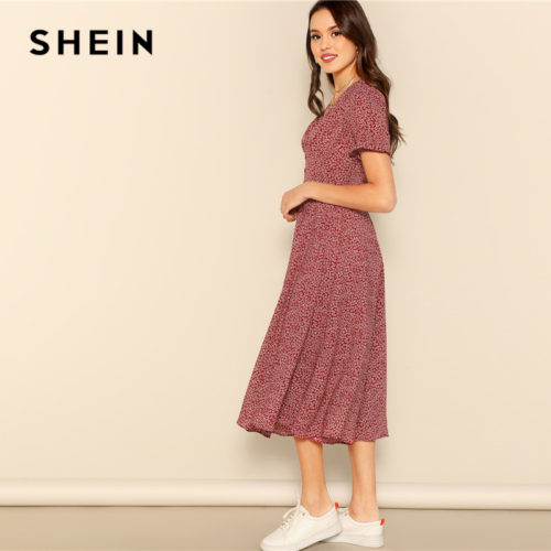 SHEIN приталенное платье с коротким рукавом, ниже колена, с V-образным вырезом, в мелкий белый цветочный принт