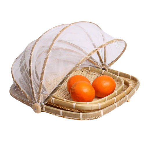 Плетенная бамбуковая корзина для фруктов с сетчатой крышкой от насекомых