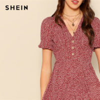 SHEIN приталенное платье с коротким рукавом, ниже колена, с V-образным вырезом, в мелкий белый цветочный принт