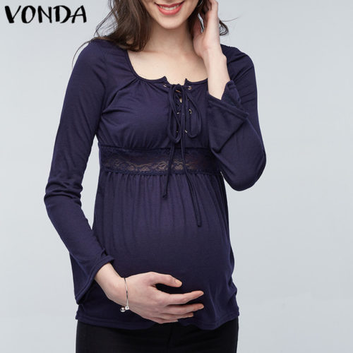 Легкая блуза с длинным рукавом, кружевом и шнуровкой для беременных
