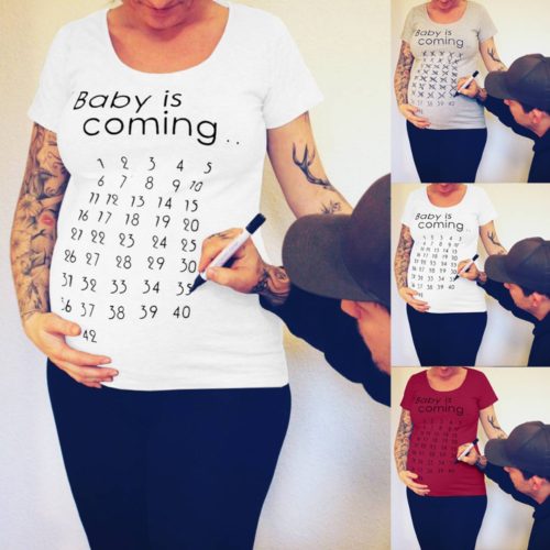 Футболка для беременных с календарем 42-х недель и надписью Baby is coming