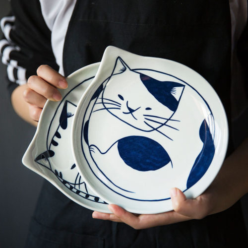 Керамические круглые тарелки в японском стиле с изображением милых котов и птиц